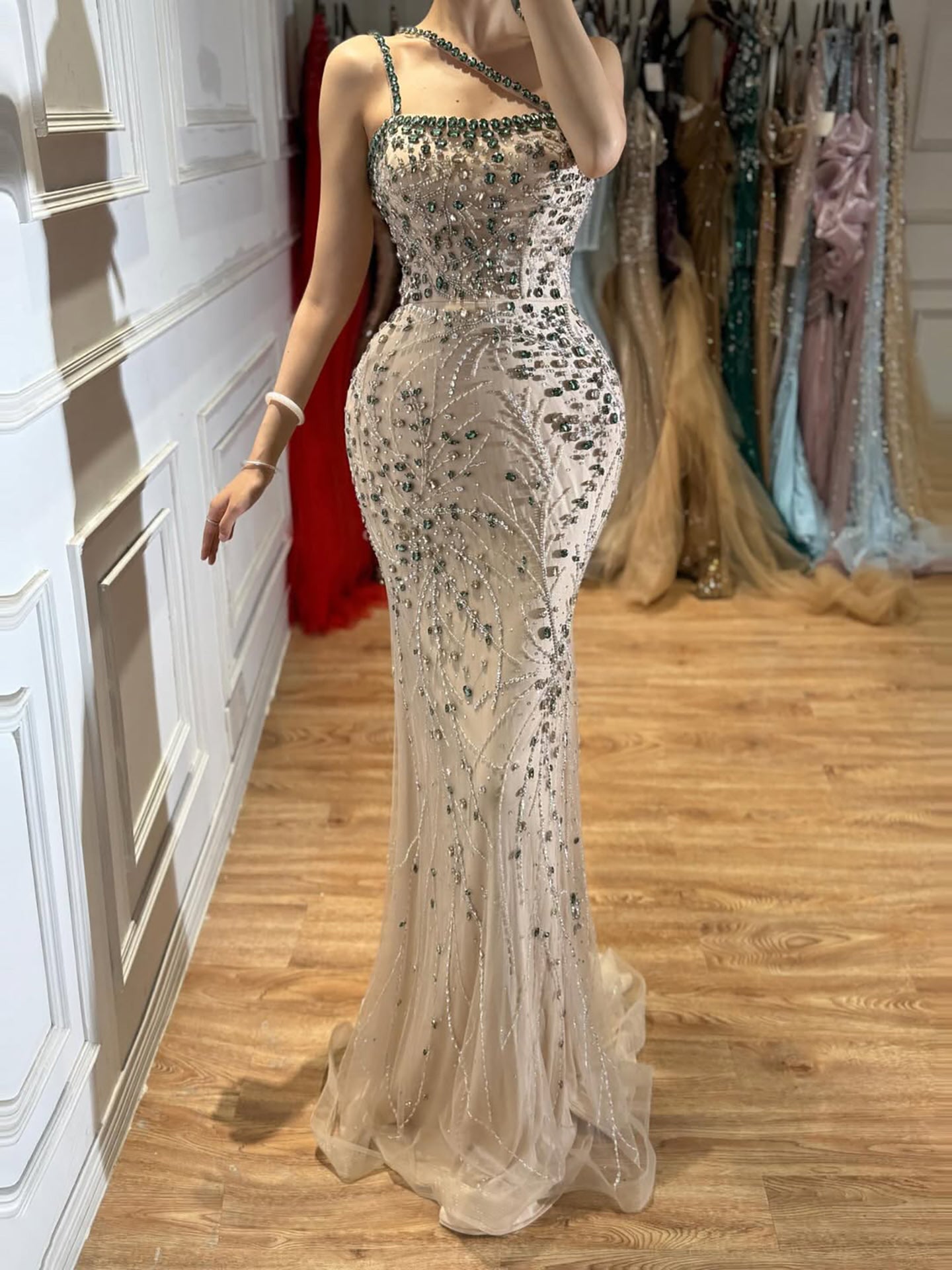 Luxury Red Saudi Arabic Crystal Beaded One Shoulder Evening Dress LA73135