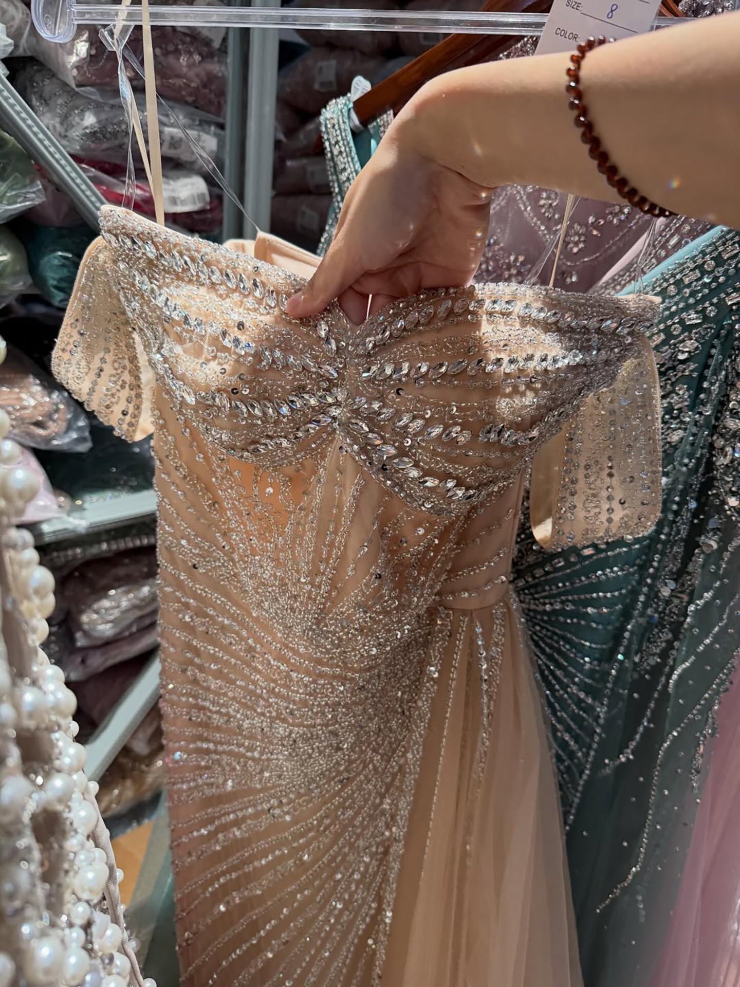Luxury Nude Off Shoulder Beaded Mermaid Gown with Overskirt LA73139A SERENE HILL