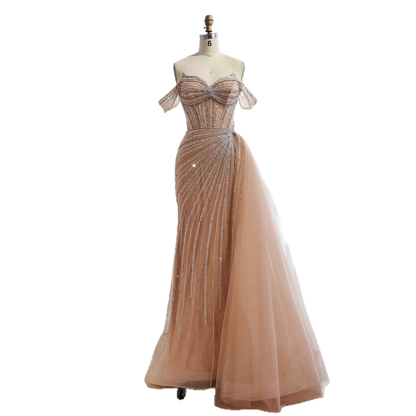 Luxury Nude Off Shoulder Beaded Mermaid Gown with Overskirt LA73139