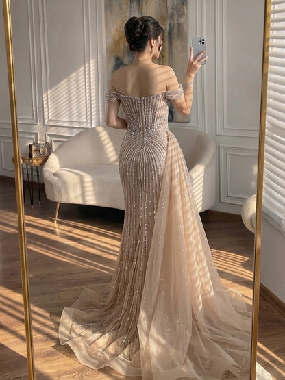 Luxury Nude Off Shoulder Beaded Mermaid Gown with Overskirt LA73139