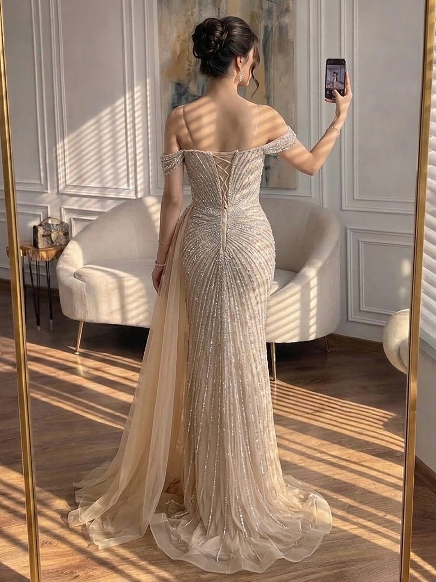 Luxury Nude Off Shoulder Beaded Mermaid Gown with Overskirt LA73139A SERENE HILL