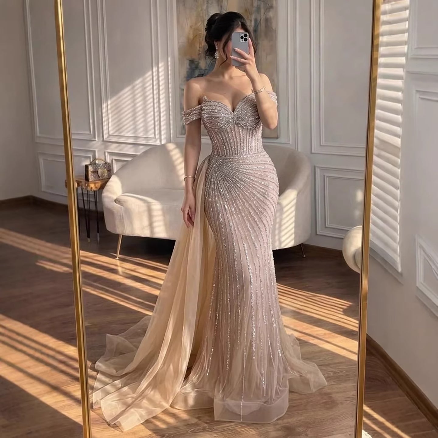 Luxury Nude Off Shoulder Beaded Mermaid Gown with Overskirt LA73139A SERENE HILL