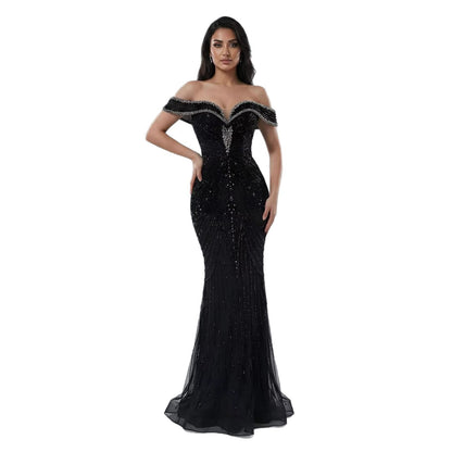 Luxury Pink Strapless Off The Shoulder Elegant Beaded Mermaid Evening Dress LA73140