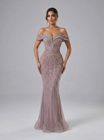 Luxury Pink Strapless Off The Shoulder Elegant Beaded Mermaid Evening Dress LA73140