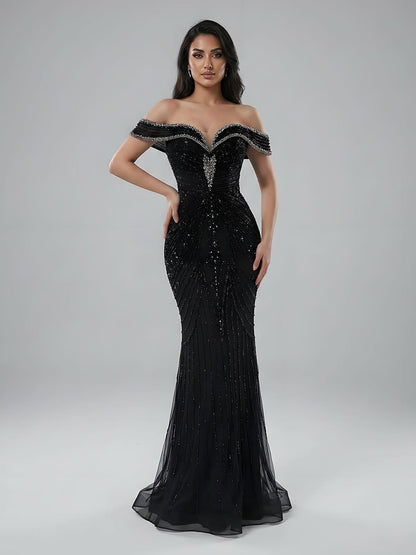 Luxury Pink Strapless Off The Shoulder Elegant Beaded Mermaid Evening Dress LA73140