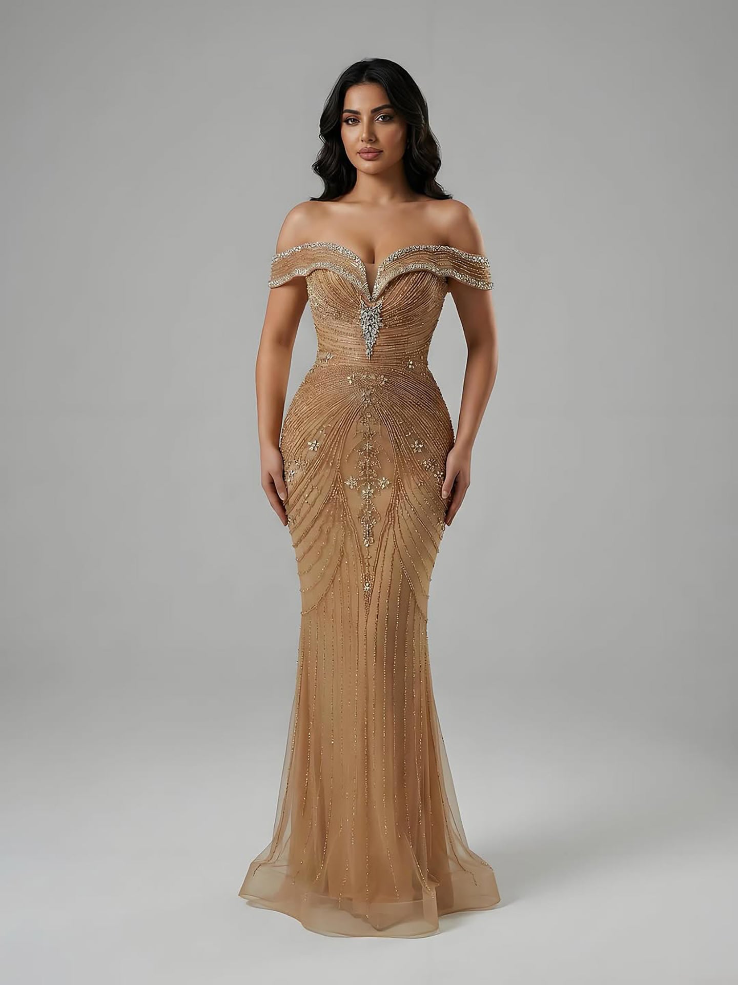 Luxury Pink Strapless Off The Shoulder Elegant Beaded Mermaid Evening Dress LA73140