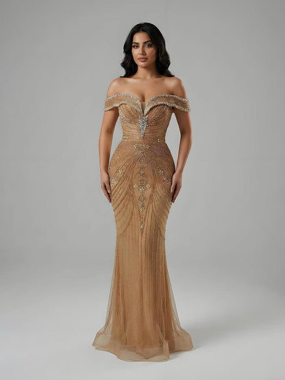 Luxury Pink Strapless Off The Shoulder Elegant Beaded Mermaid Evening Dress LA73140