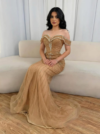 Luxury Pink Strapless Off The Shoulder Elegant Beaded Mermaid Evening Dress LA73140