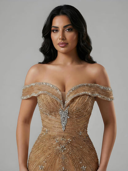 Luxury Pink Strapless Off The Shoulder Elegant Beaded Mermaid Evening Dress LA73140