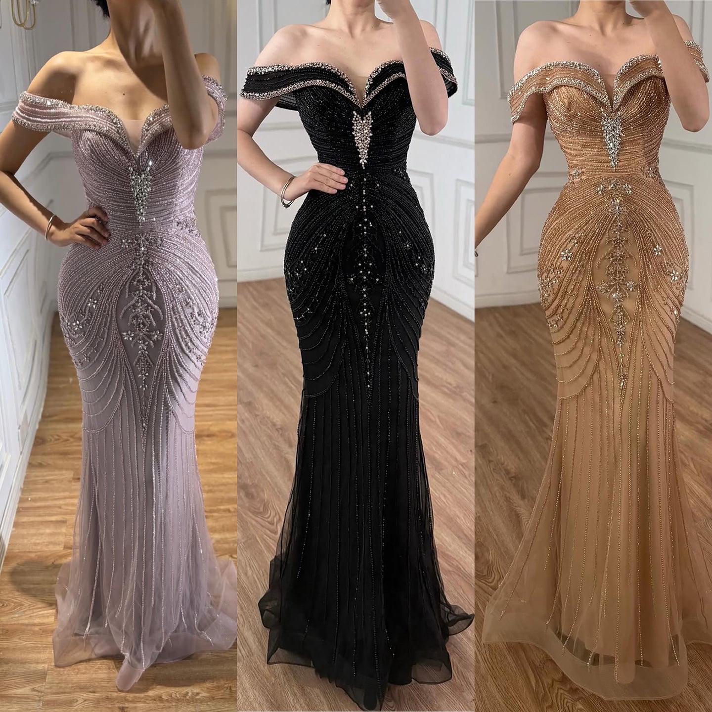 Luxury Pink Strapless Off The Shoulder Elegant Beaded Mermaid Evening Dress LA73140