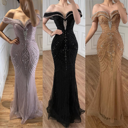Luxury Pink Strapless Off The Shoulder Elegant Beaded Mermaid Evening Dress LA73140