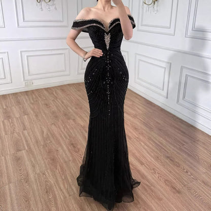 Luxury Pink Strapless Off The Shoulder Elegant Beaded Mermaid Evening Dress LA73140