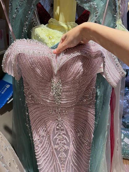 Luxury Pink Strapless Off The Shoulder Elegant Beaded Mermaid Evening Dress LA73140