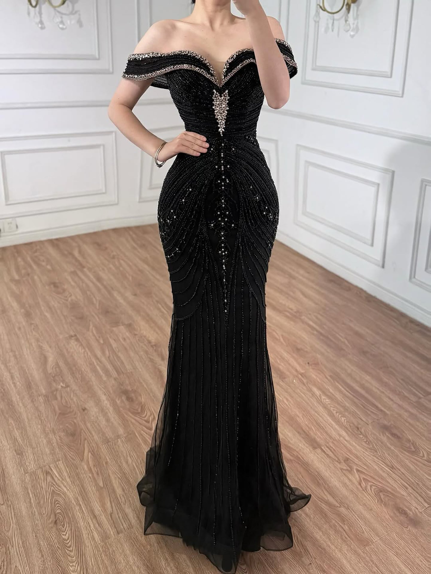 Luxury Pink Strapless Off The Shoulder Elegant Beaded Mermaid Evening Dress LA73140