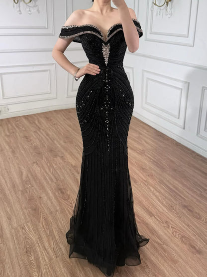 Luxury Pink Strapless Off The Shoulder Elegant Beaded Mermaid Evening Dress LA73140