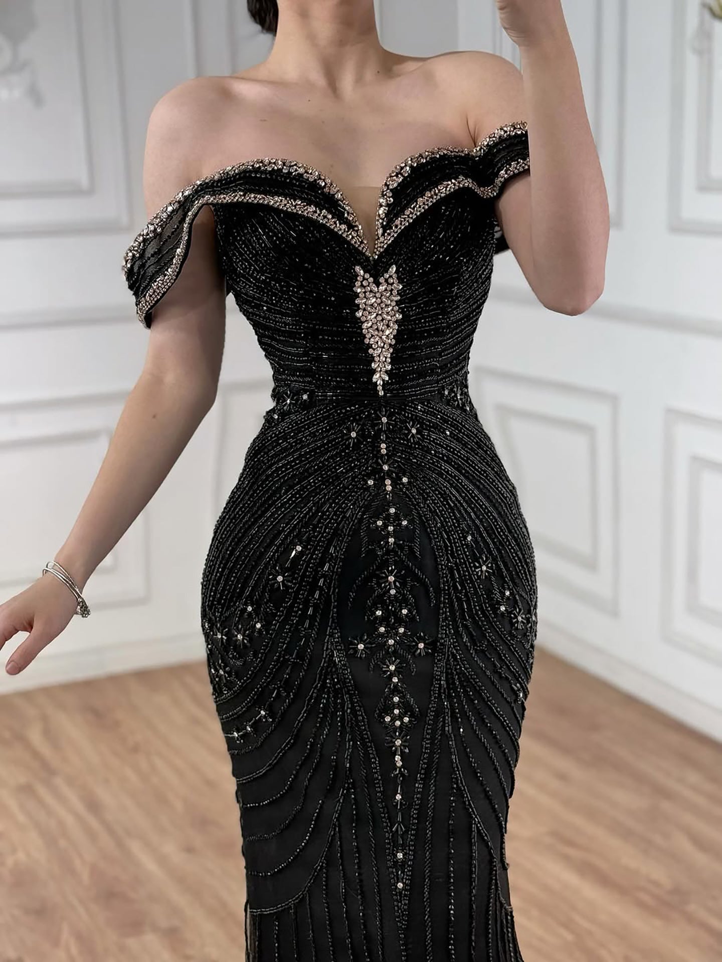 Luxury Pink Strapless Off The Shoulder Elegant Beaded Mermaid Evening Dress LA73140