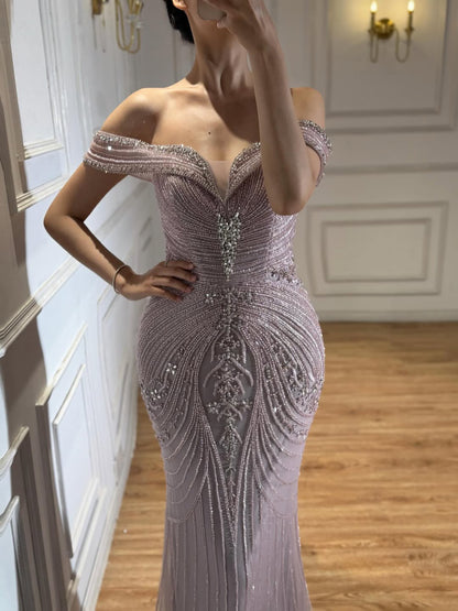 Luxury Pink Strapless Off The Shoulder Elegant Beaded Mermaid Evening Dress LA73140