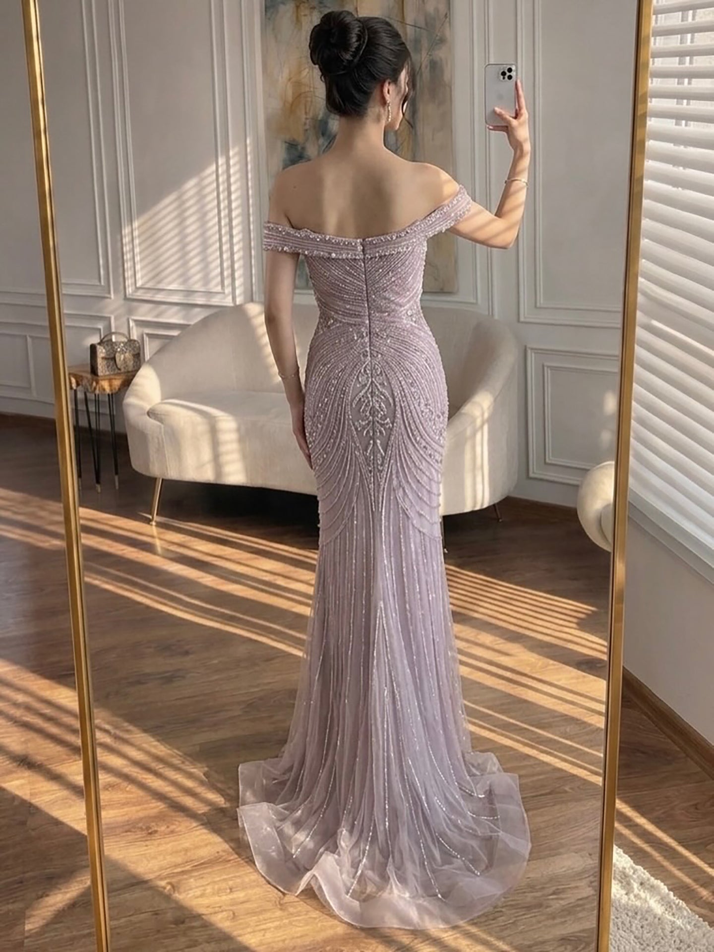 Luxury Pink Strapless Off The Shoulder Elegant Beaded Mermaid Evening Dress LA73140