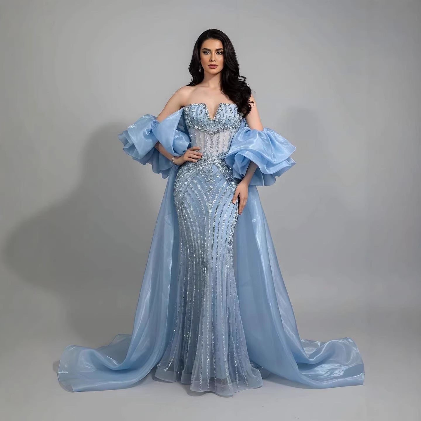 Luxury Light Blue Diamond Evening Dress With Ruffle Cape LA73141 - SERENE  HILL