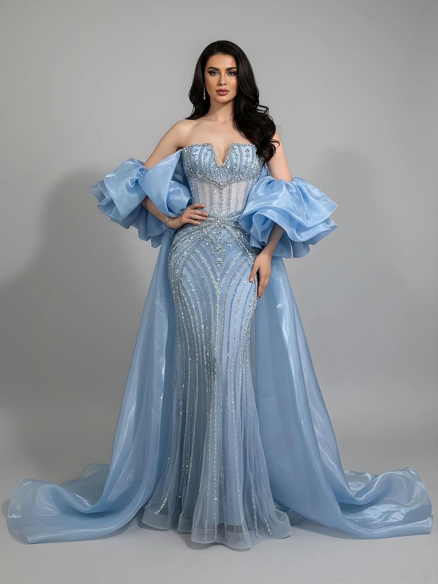 Luxury Light Blue Diamond Evening Dress With Ruffle Cape LA73141 - SERENE  HILL
