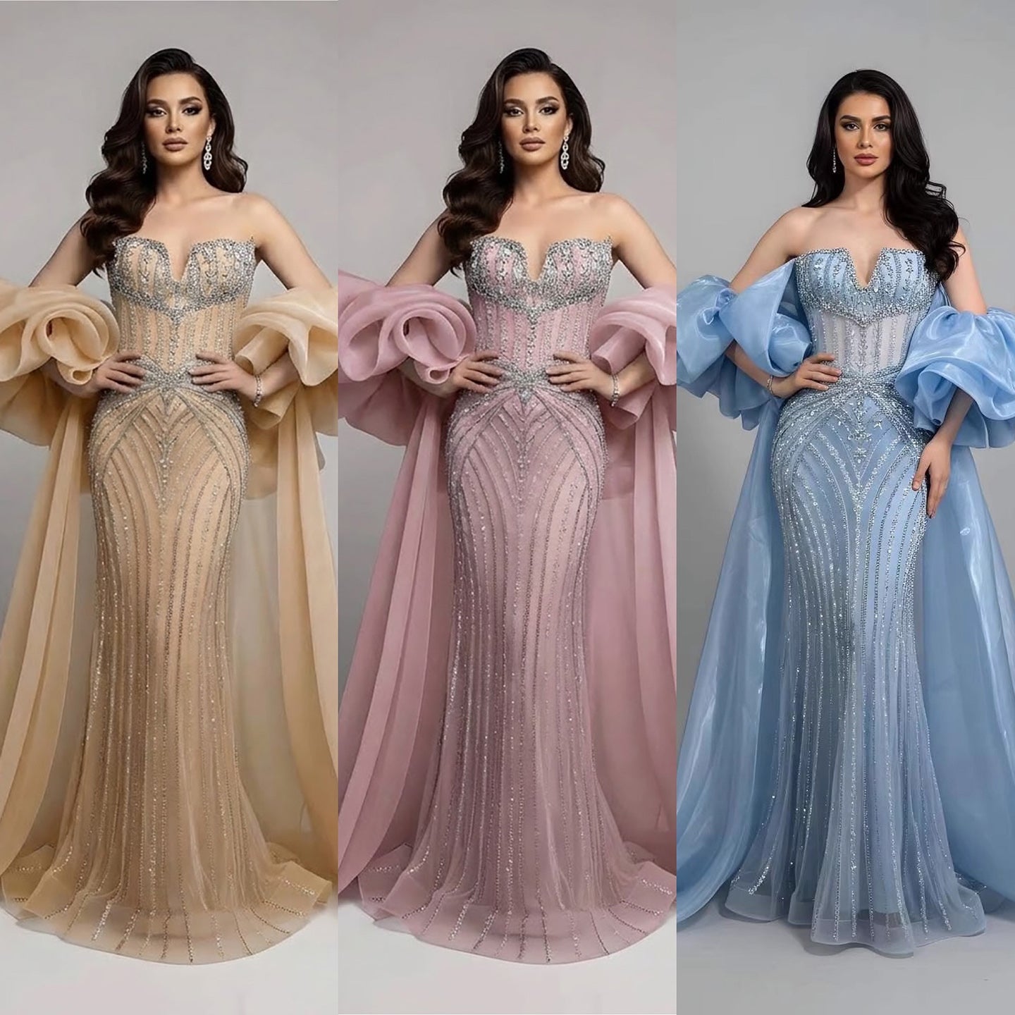 Luxury Light Blue Diamond Evening Dress With Ruffle Cape LA73141 SERENE HILL