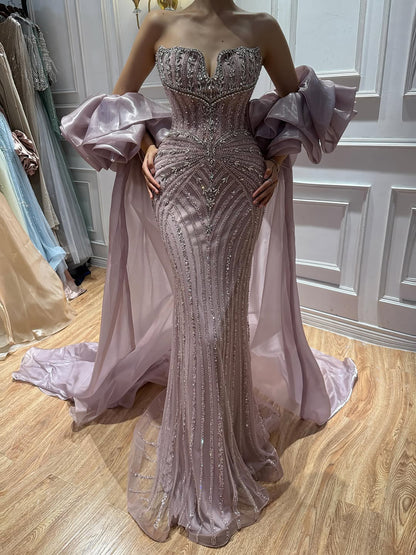 Luxury Light Blue Diamond Evening Dress With Ruffle Cape LA73141 SERENE HILL