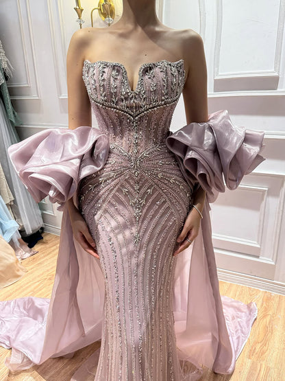 Luxury Light Blue Diamond Evening Dress With Ruffle Cape LA73141 SERENE HILL