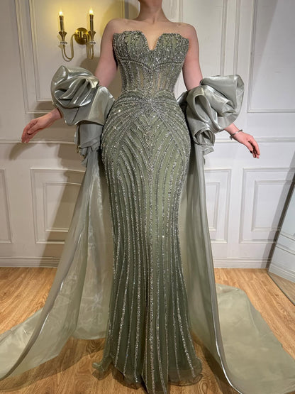 Luxury Light Blue Diamond Evening Dress With Ruffle Cape LA73141