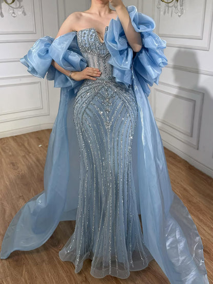 Luxury Light Blue Diamond Evening Dress With Ruffle Cape LA73141 - SERENE  HILL