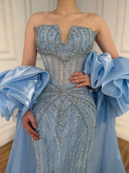 Luxury Light Blue Diamond Evening Dress With Ruffle Cape LA73141 - SERENE  HILL