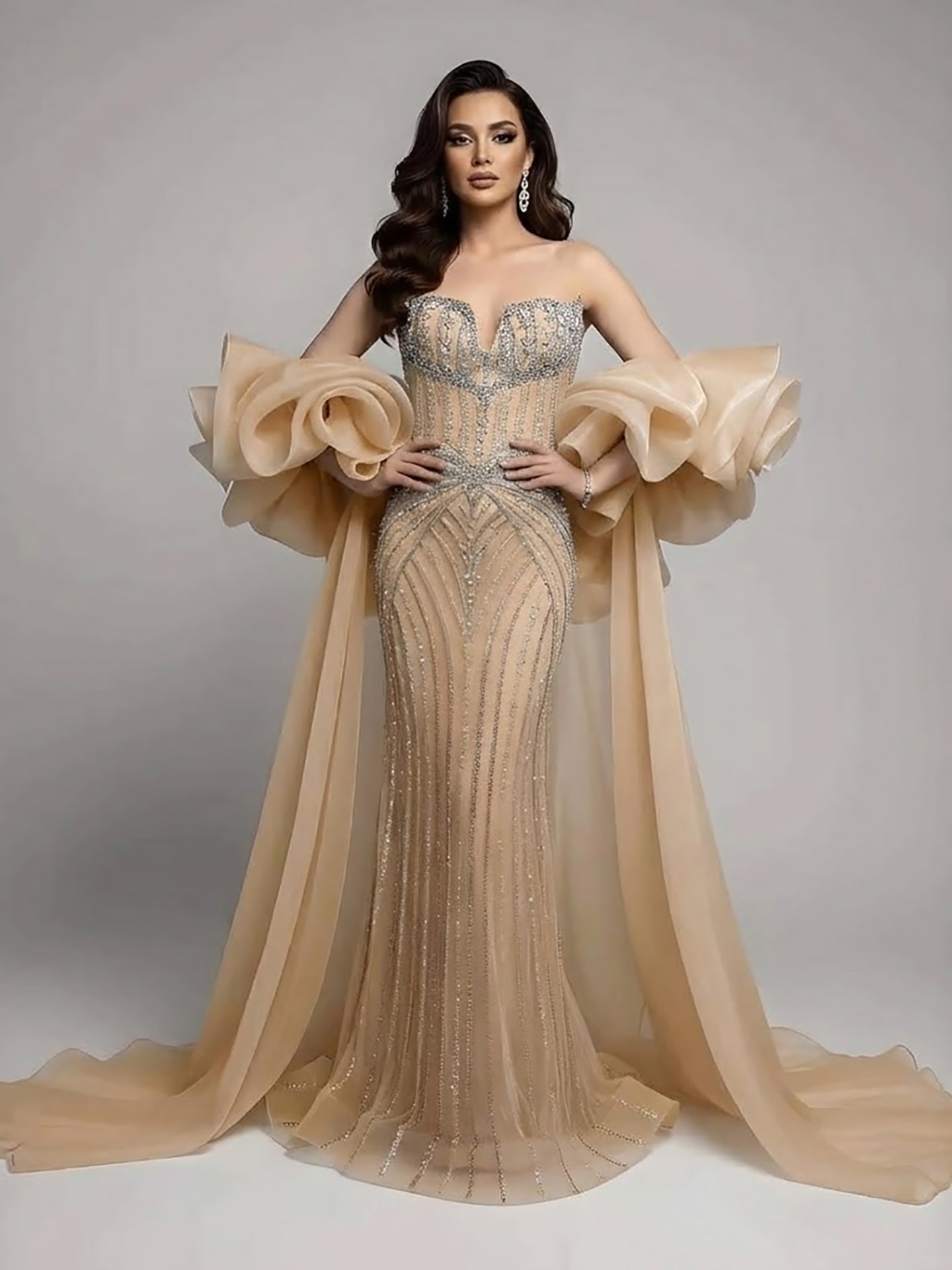 Luxury Light Blue Diamond Evening Dress With Ruffle Cape LA73141 SERENE HILL