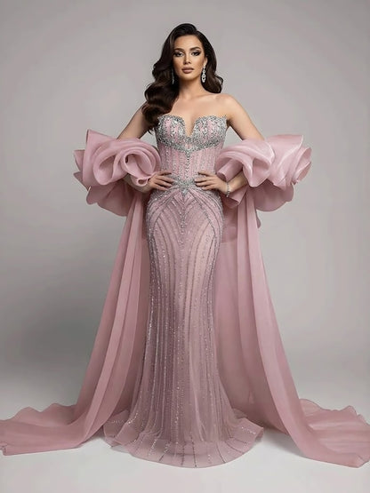 Luxury Light Blue Diamond Evening Dress With Ruffle Cape LA73141 SERENE HILL