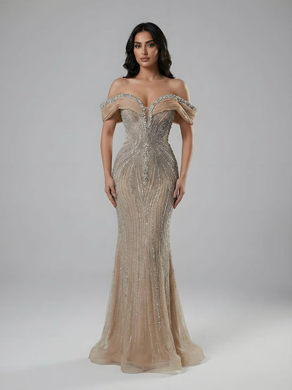 Luxury Green Gold Beaded Dubai Designer Mermaid Evening Dress LA73142