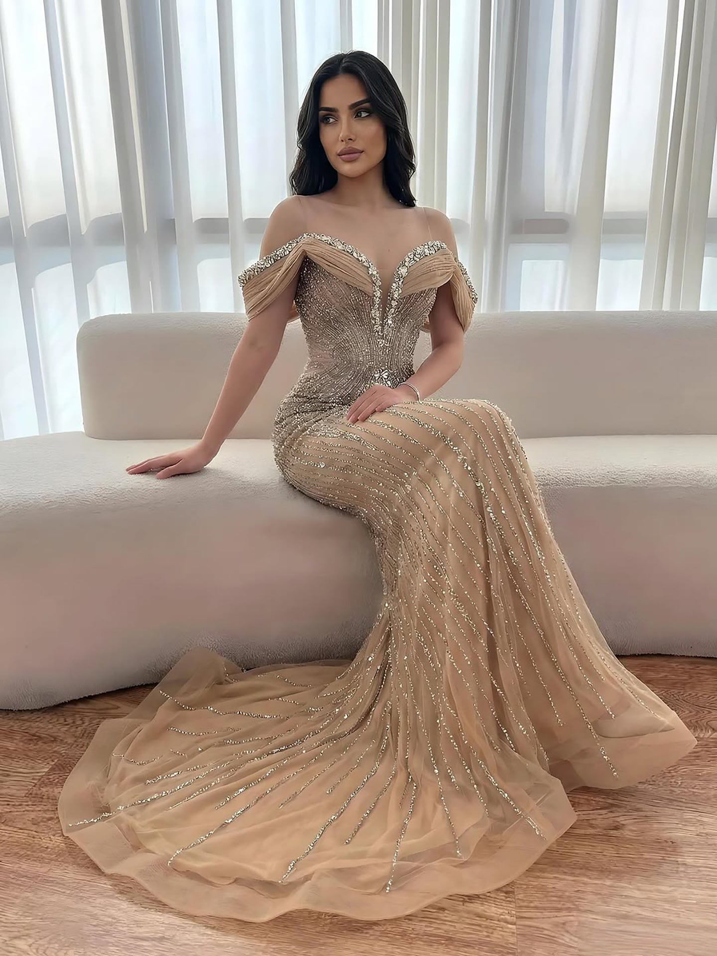 Luxury Green Gold Beaded Dubai Designer Mermaid Evening Dress LA73142