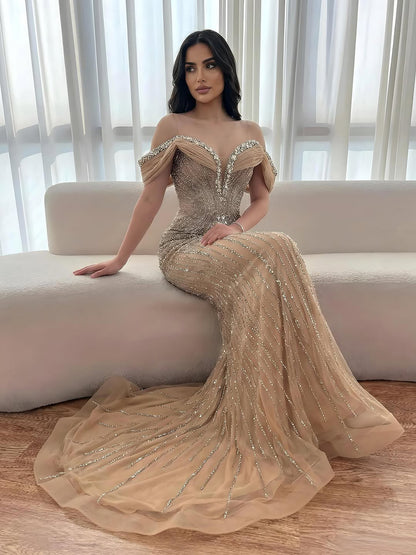 Luxury Green Gold Beaded Dubai Designer Mermaid Evening Dress LA73142