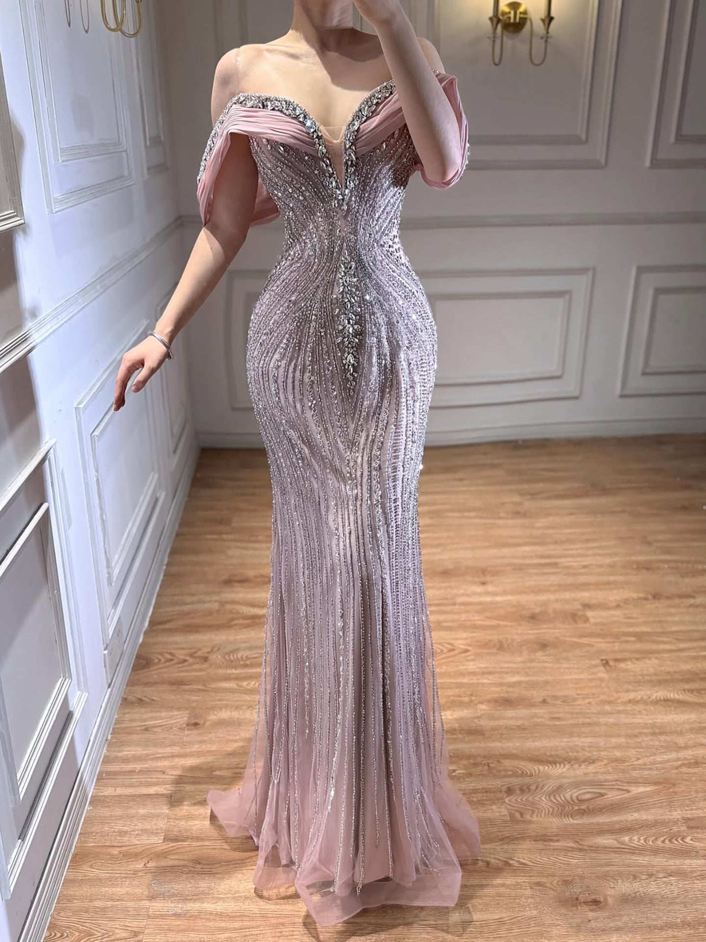 Luxury Green Gold Beaded Dubai Designer Mermaid Evening Dress LA73142