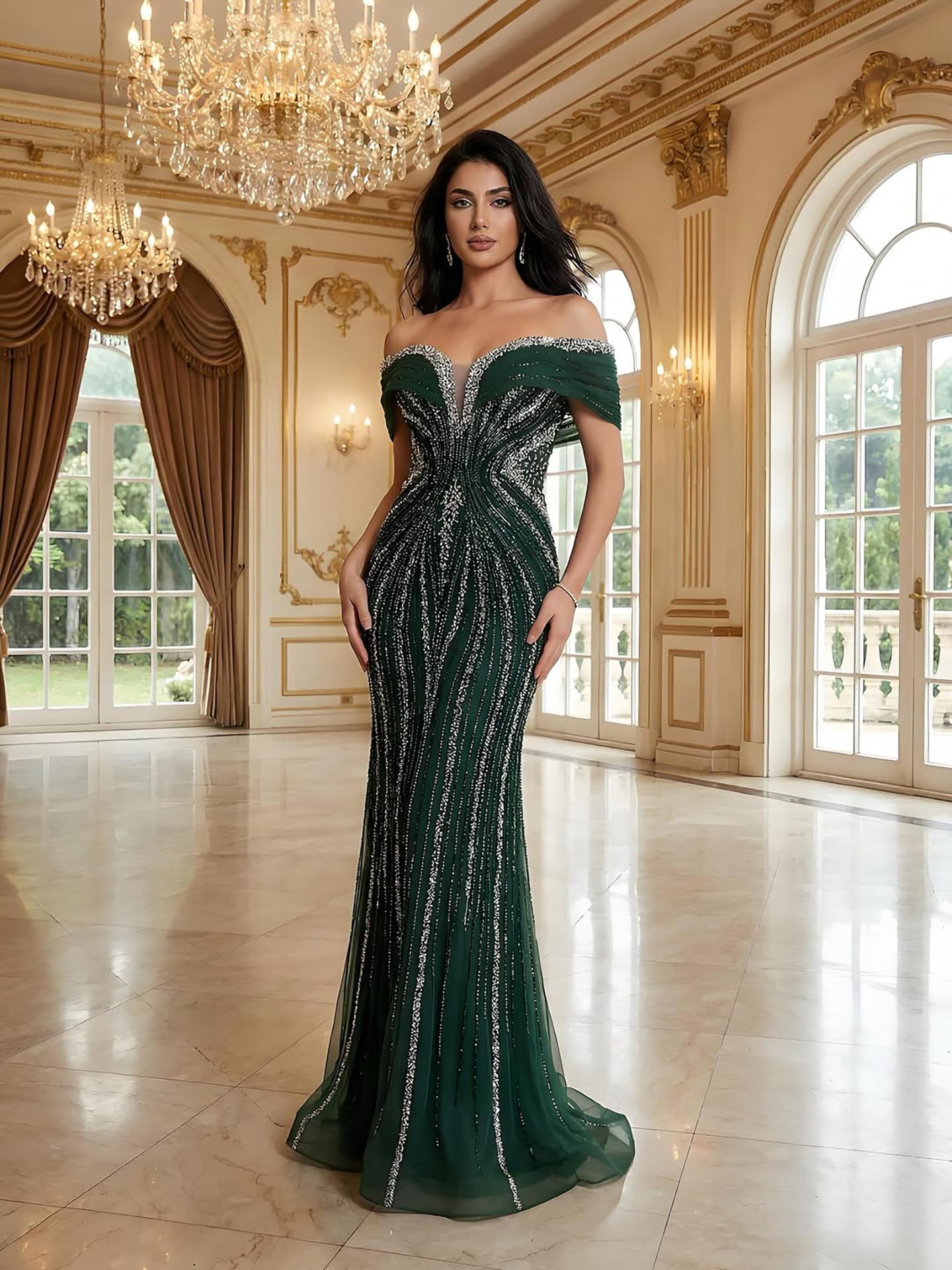Luxury Saudi Arabic Gold Luxury Crystal Beaded Mermaid Evening Dress LA73142A - SERENE  HILL