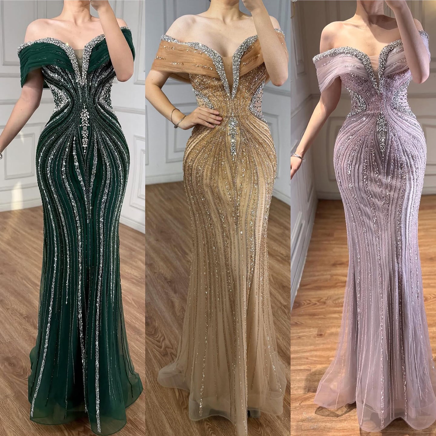 Luxury Saudi Arabic Gold Luxury Crystal Beaded Mermaid Evening Dress LA73142A - SERENE  HILL