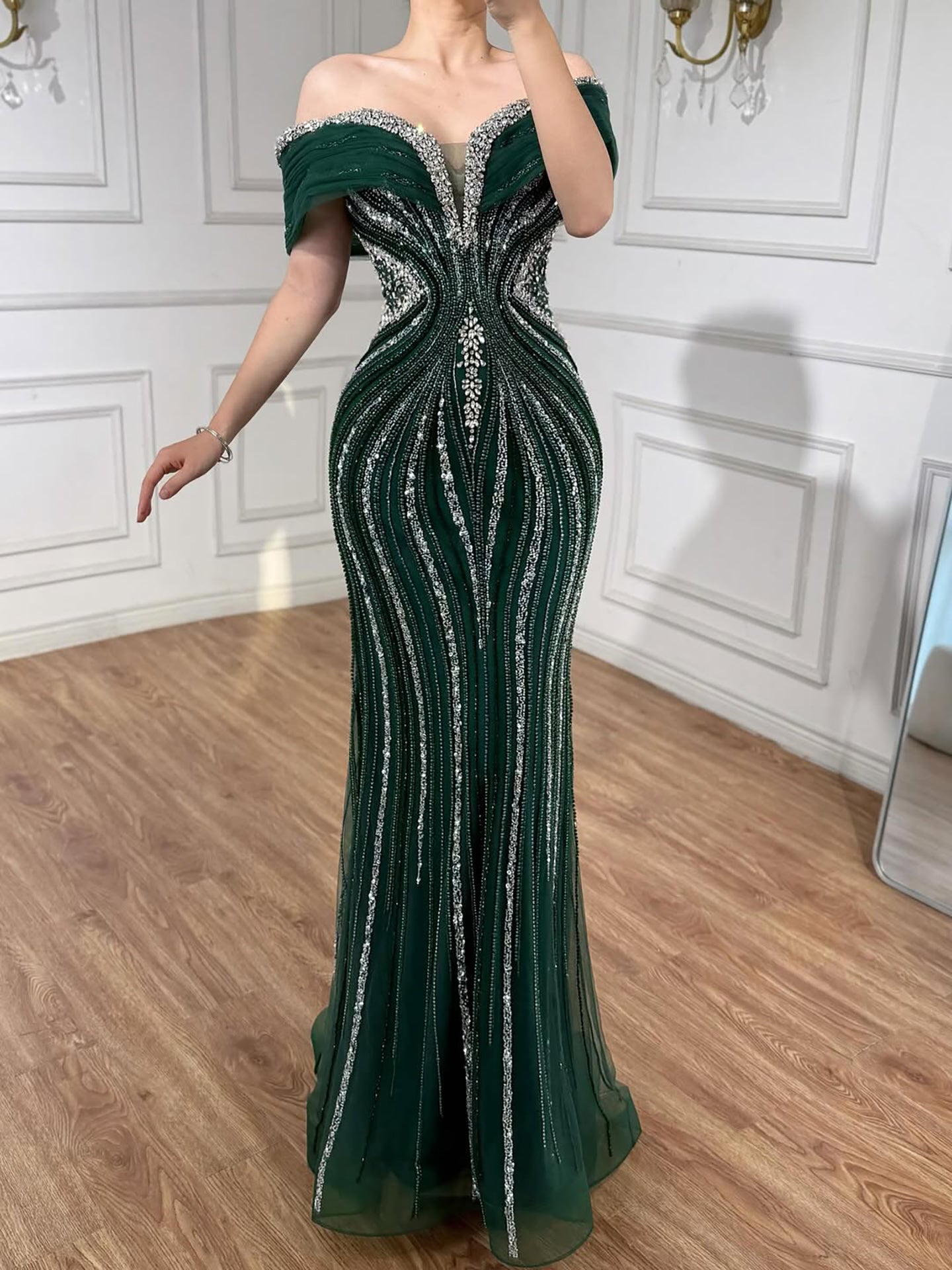 Luxury Saudi Arabic Gold Luxury Crystal Beaded Mermaid Evening Dress LA73142A - SERENE  HILL