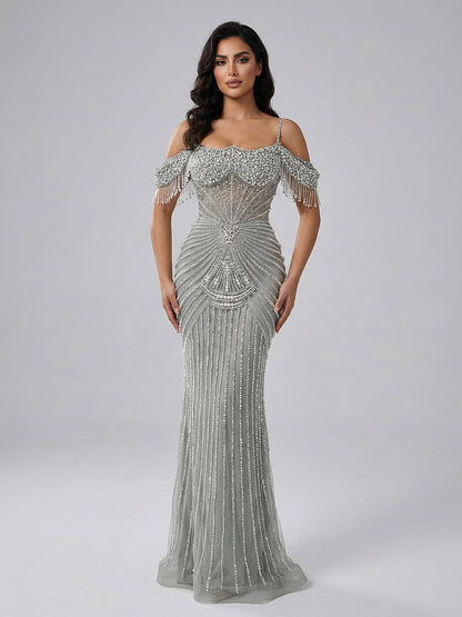 Luxury Sage Green Pearls Beaded Mermaid Evening Dress Off Shoulder LA73148 - SERENE  HILL