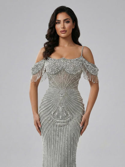 Luxury Sage Green Pearls Beaded Mermaid Evening Dress Off Shoulder LA73148 - SERENE  HILL