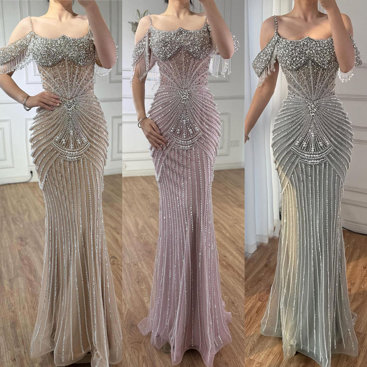 Luxury Sage Green Pearls Beaded Mermaid Evening Dress Off Shoulder LA73148