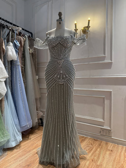 Luxury Sage Green Pearls Beaded Mermaid Evening Dress Off Shoulder LA73148