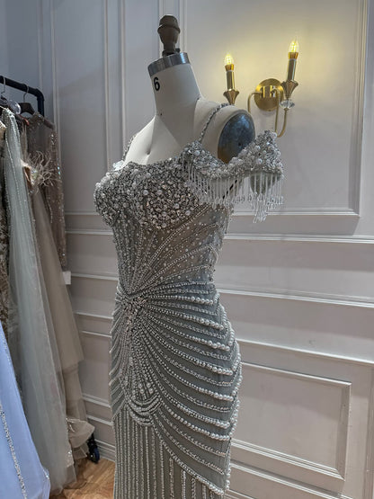 Luxury Sage Green Pearls Beaded Mermaid Evening Dress Off Shoulder LA73148