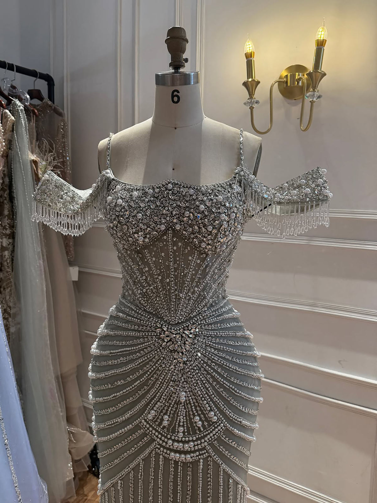 Luxury Sage Green Pearls Beaded Mermaid Evening Dress Off Shoulder LA73148