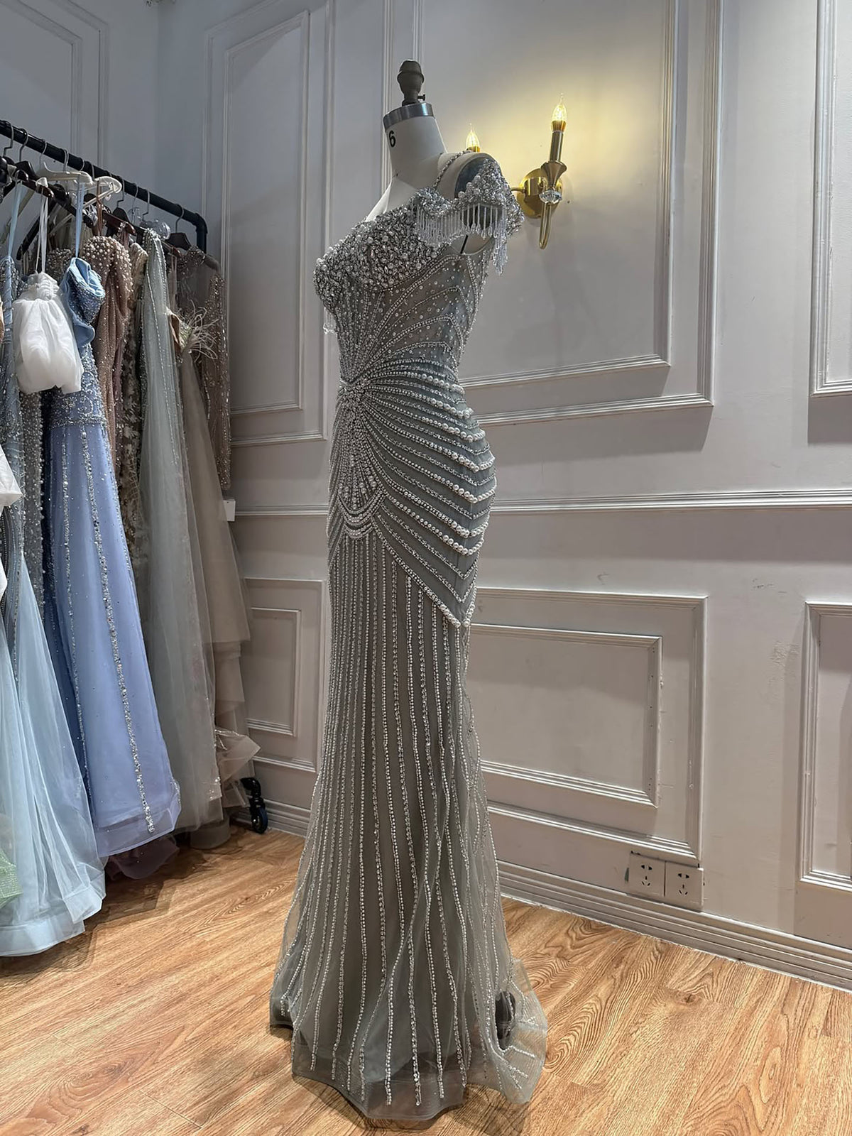 Luxury Sage Green Pearls Beaded Mermaid Evening Dress Off Shoulder LA73148