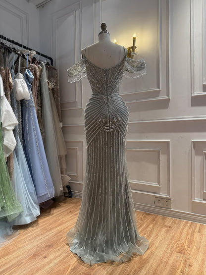 Luxury Sage Green Pearls Beaded Mermaid Evening Dress Off Shoulder LA73148