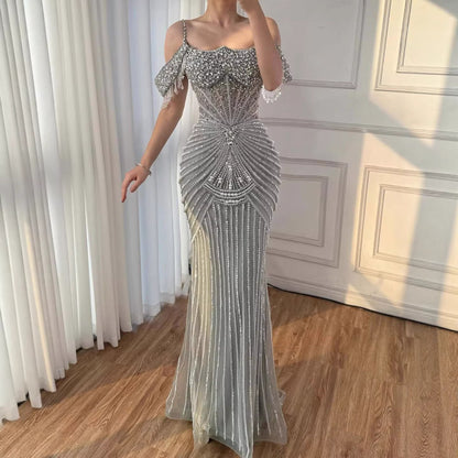 Luxury Sage Green Pearls Beaded Mermaid Evening Dress Off Shoulder LA73148 - SERENE  HILL