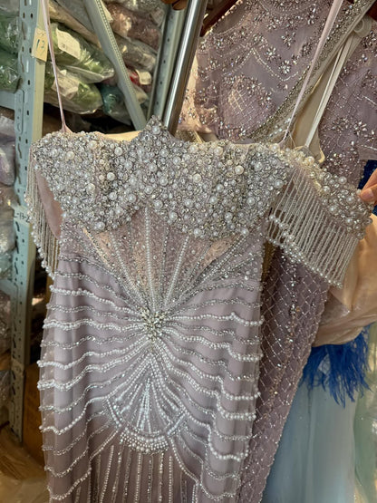 Luxury Sage Green Pearls Beaded Mermaid Evening Dress Off Shoulder LA73148