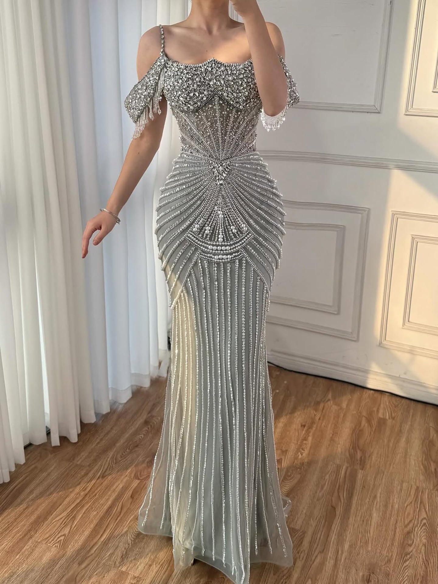 Luxury Sage Green Pearls Beaded Mermaid Evening Dress Off Shoulder LA73148 - SERENE  HILL